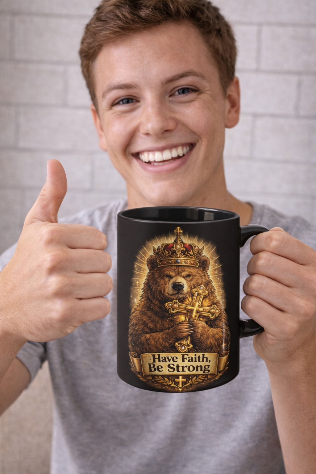 Christian Bear Mug – "Have Faith, Be Strong" Inspirational Coffee Cup