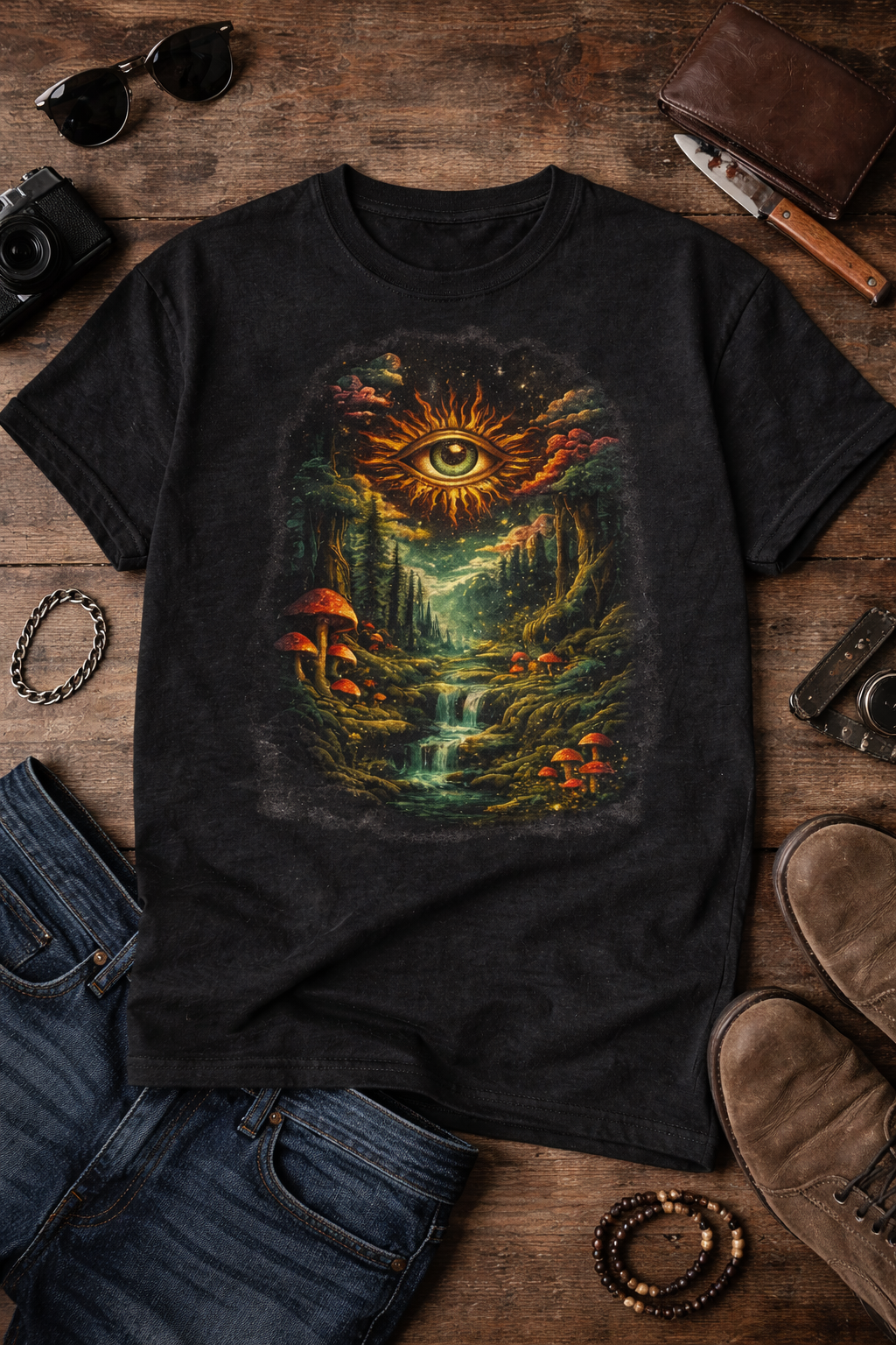 All Seeing Eye T Shirt – Men’s 100% Cotton Fantasy Forest & Sun Eye Print Tee, Relaxed Fit Round Neck Short Sleeve, Machine Washable Casual Wear for Year-Round Outfits