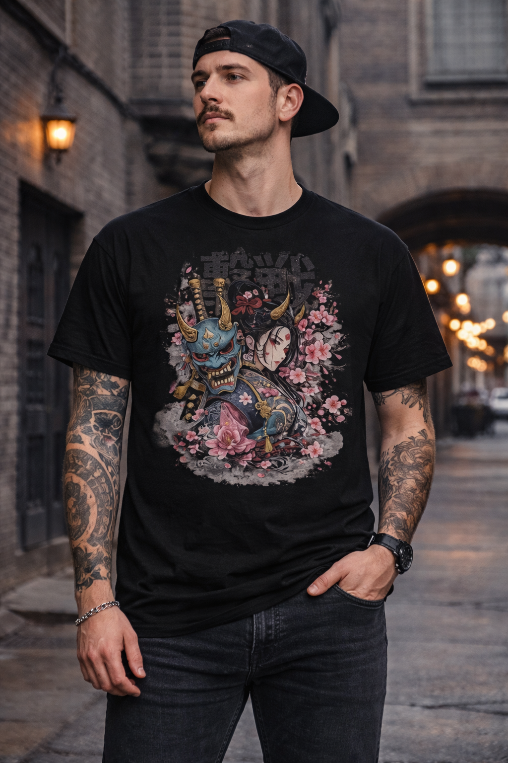 japanese oni mask t shirt – Samurai Demon Mask Tee with Cherry Blossom Geisha Graphic