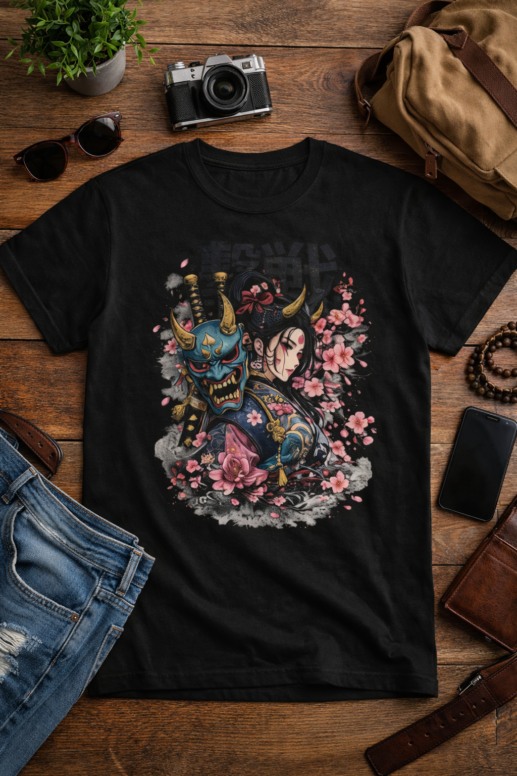japanese oni mask t shirt – Samurai Demon Mask Tee with Cherry Blossom Geisha Graphic