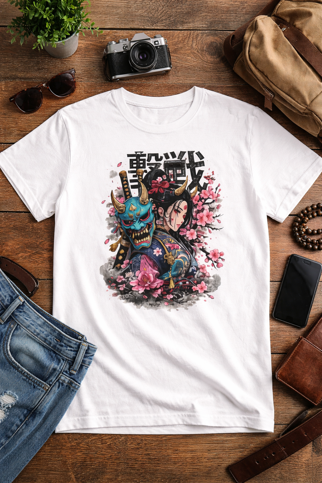 japanese oni mask t shirt – Samurai Demon Mask Tee with Cherry Blossom Geisha Graphic