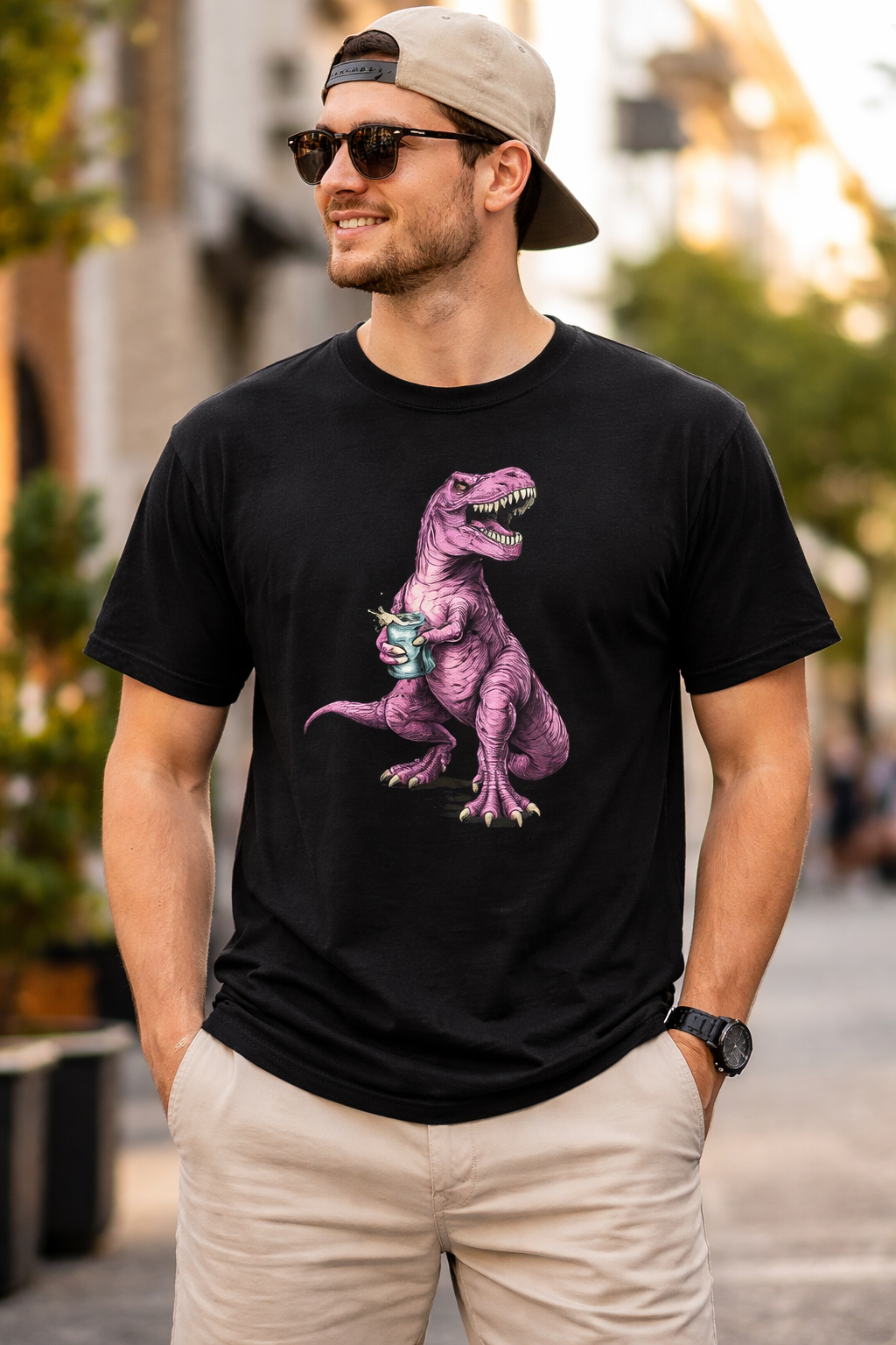 Cute Summer Graphic Tees – Pink T-Rex Retro Dinosaur Shirt with Playful Vibes