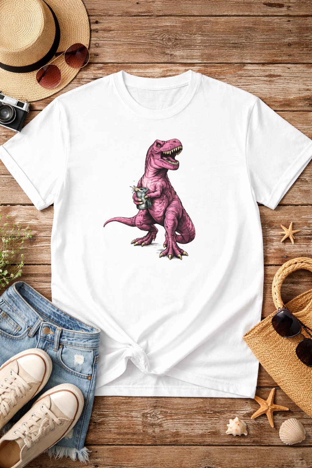 Cute Summer Graphic Tees – Pink T-Rex Retro Dinosaur Shirt with Playful Vibes