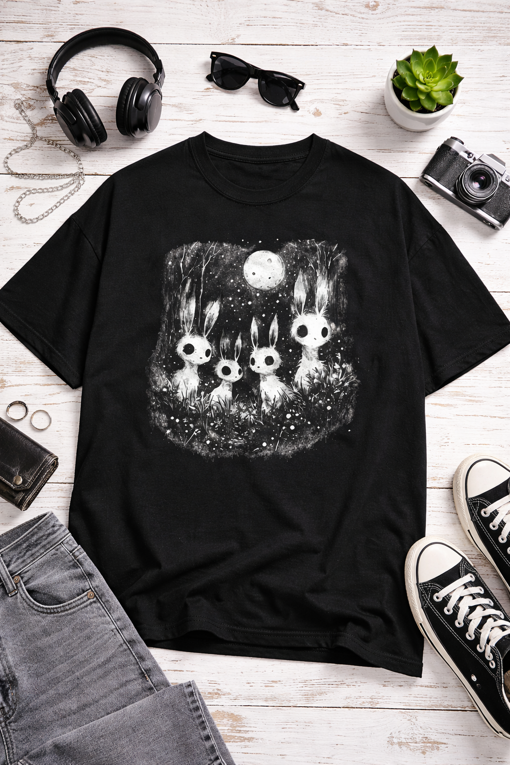 Aesthetic Rabbit T-Shirt – Moonlit Bunny Forest Gothic Tee with Cute Dark Vibes