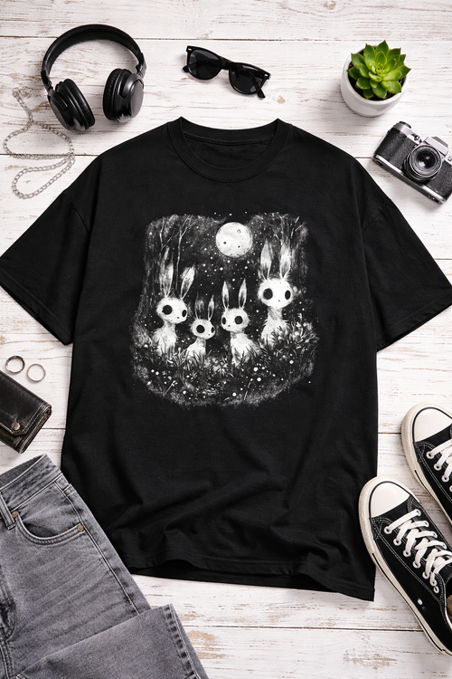 Aesthetic Rabbit T-Shirt – Moonlit Bunny Forest Gothic Tee with Cute Dark Vibes