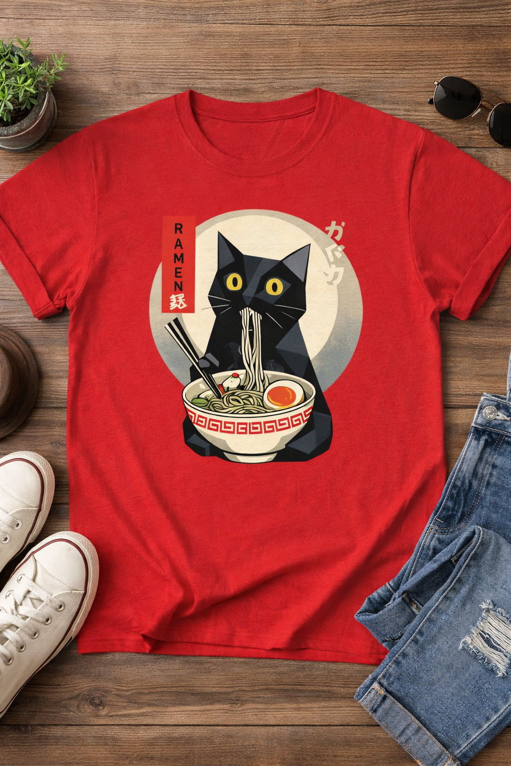 Cute Cat T Shirt – Ramen Cat Graphic Tee with Black Cat Slurping Noodles