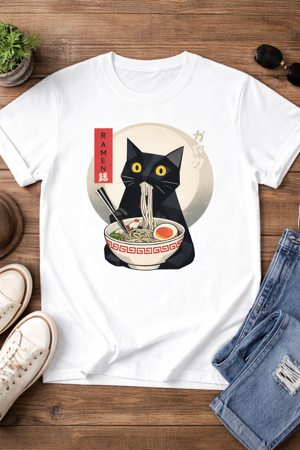 Cute Cat T Shirt – Ramen Cat Graphic Tee with Black Cat Slurping Noodles