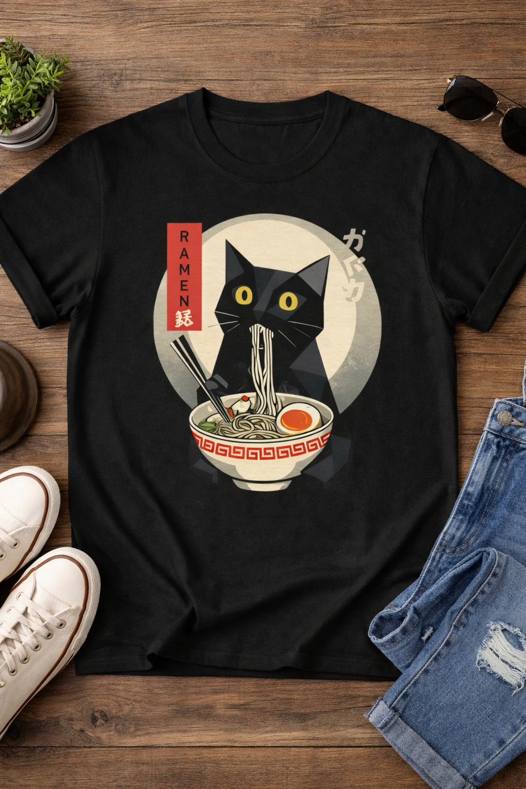 Cute Cat T Shirt – Ramen Cat Graphic Tee with Black Cat Slurping Noodles