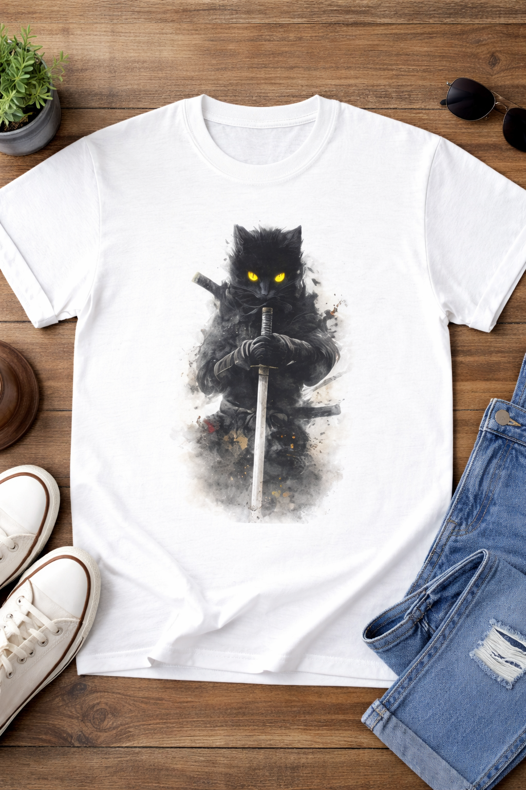Warrior Cat T Shirt — Samurai Black Cat with Sword Graphic Tee