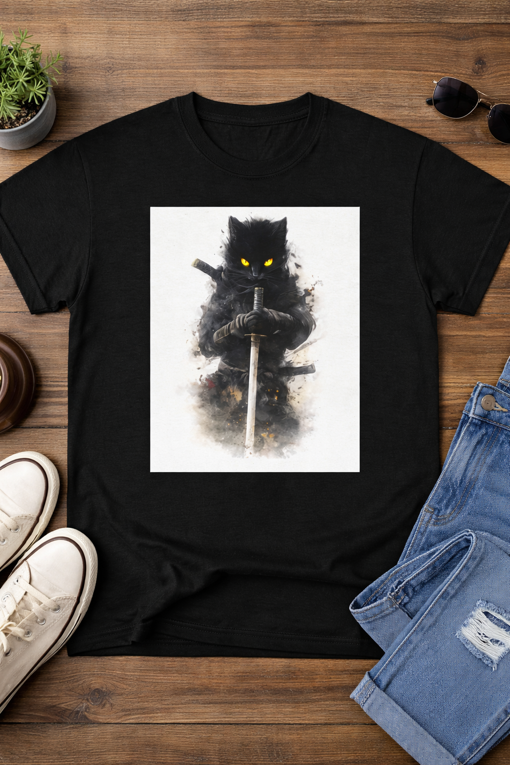 Warrior Cat T Shirt — Samurai Black Cat with Sword Graphic Tee