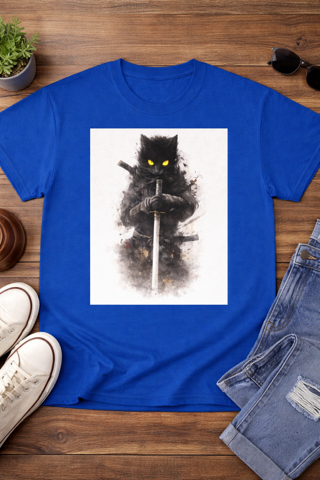 Warrior Cat T Shirt — Samurai Black Cat with Sword Graphic Tee