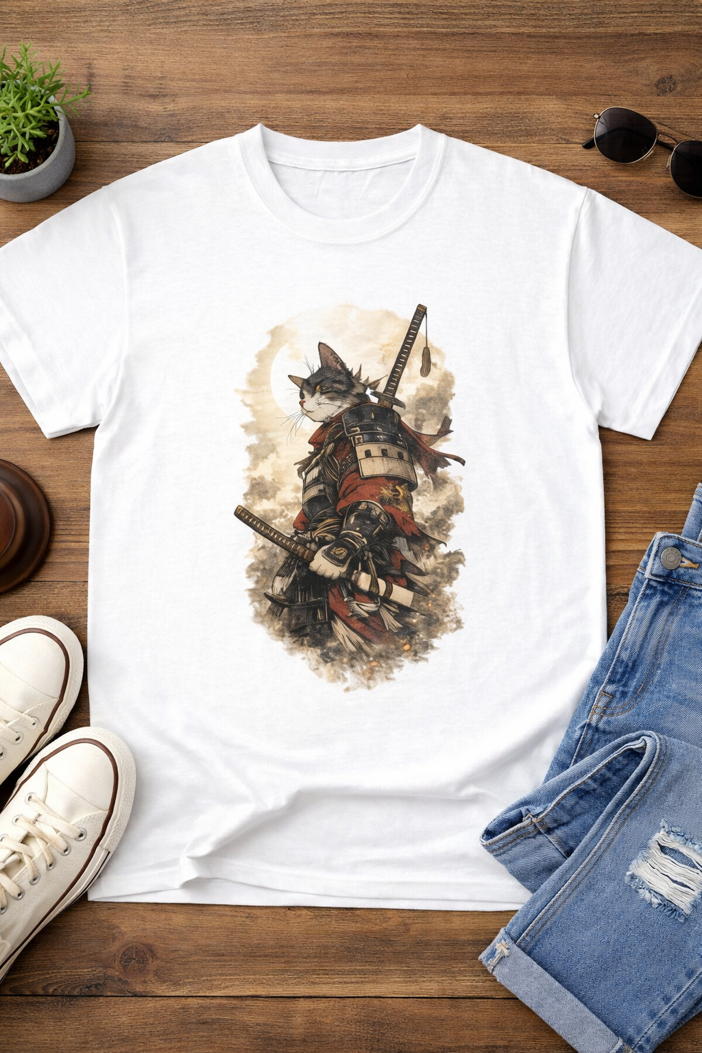 Ninja Cat T Shirt — Samurai Cat Warrior in Vintage Japanese Armor