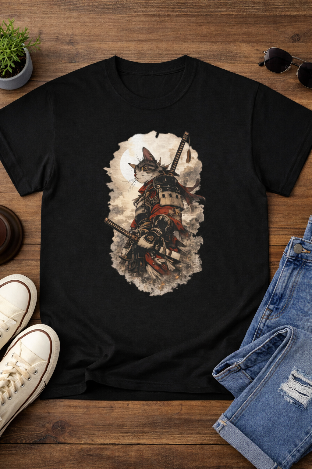 Ninja Cat T Shirt — Samurai Cat Warrior in Vintage Japanese Armor