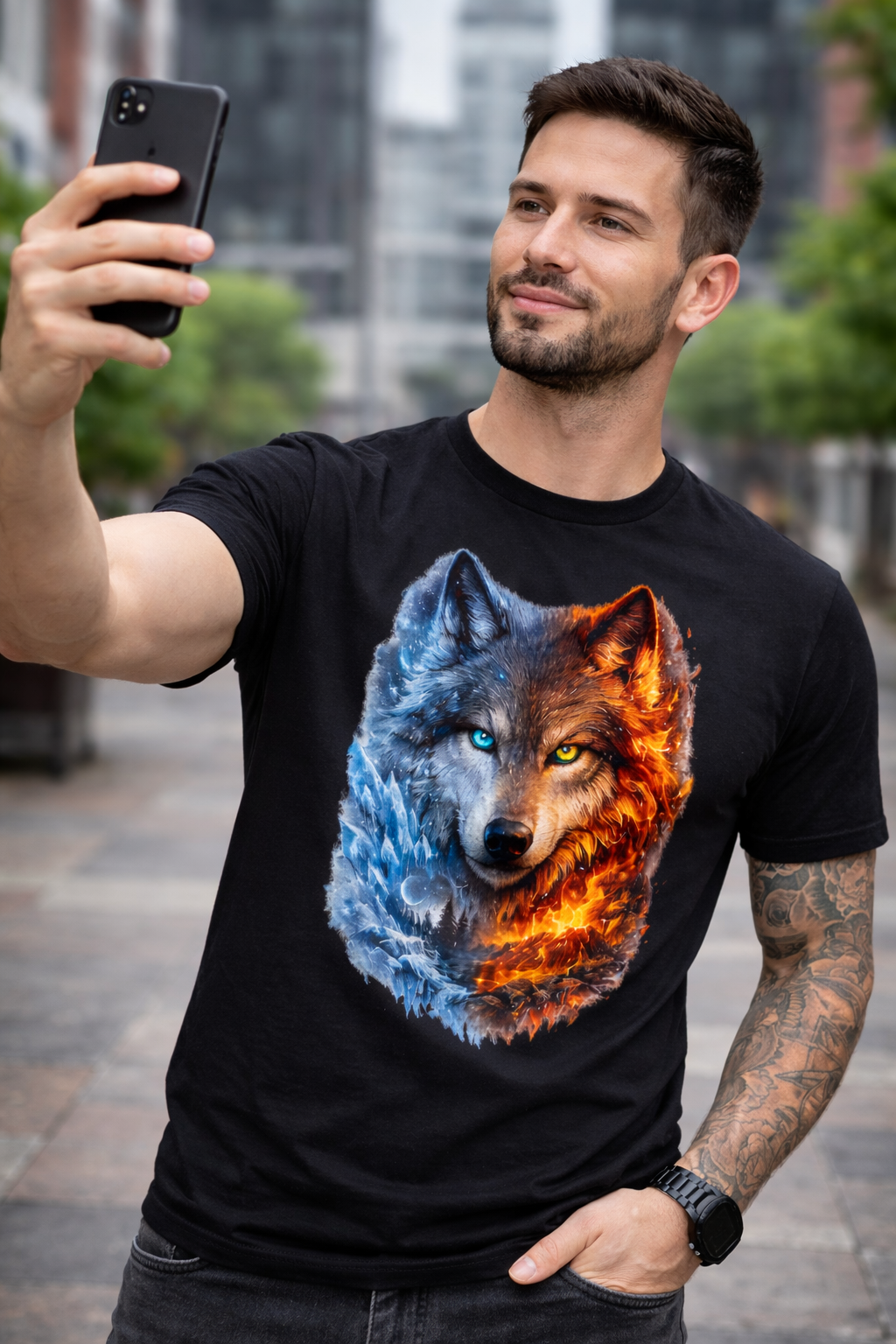 Wolf graphic t shirt – Fire & Ice Wolf, Epic Dual Tone 3D Animal Tee
