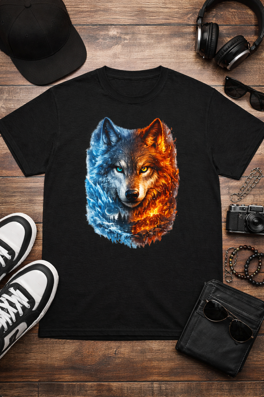 Wolf graphic t shirt – Fire & Ice Wolf, Epic Dual Tone 3D Animal Tee