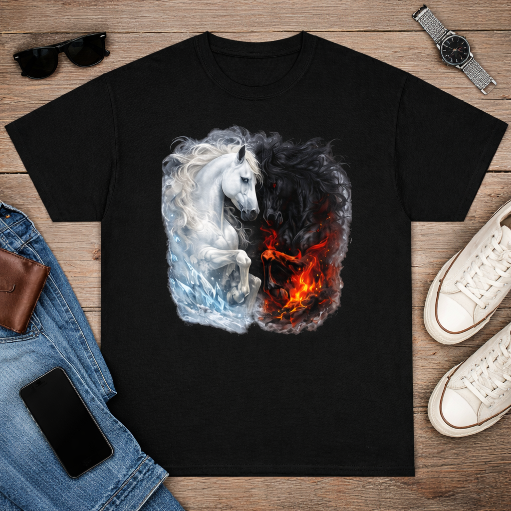 3D Horse T Shirt – Fire and Ice Horses Fantasy Art | Men’s Graphic Tee