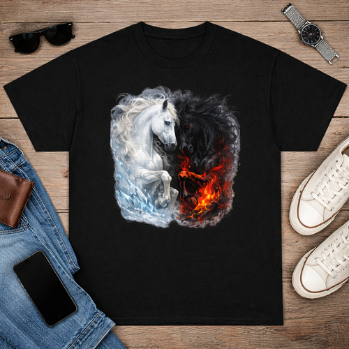 3D Horse T Shirt – Fire and Ice Horses Fantasy Art | Men’s Graphic Tee
