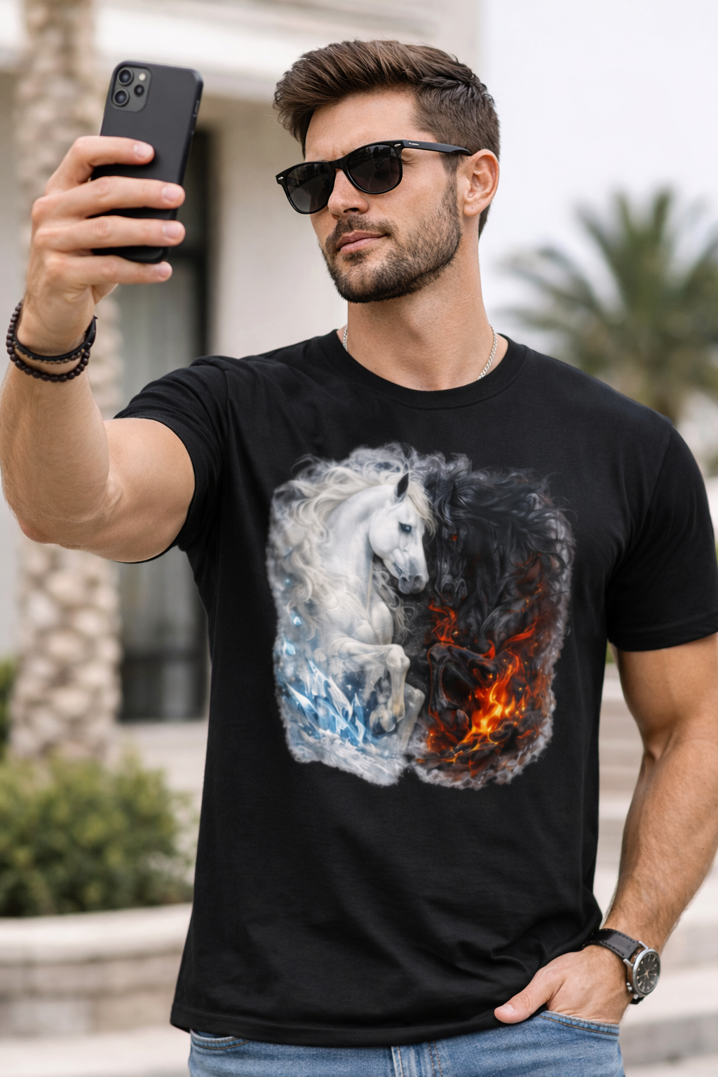 3D Horse T Shirt – Fire and Ice Horses Fantasy Art | Men’s Graphic Tee