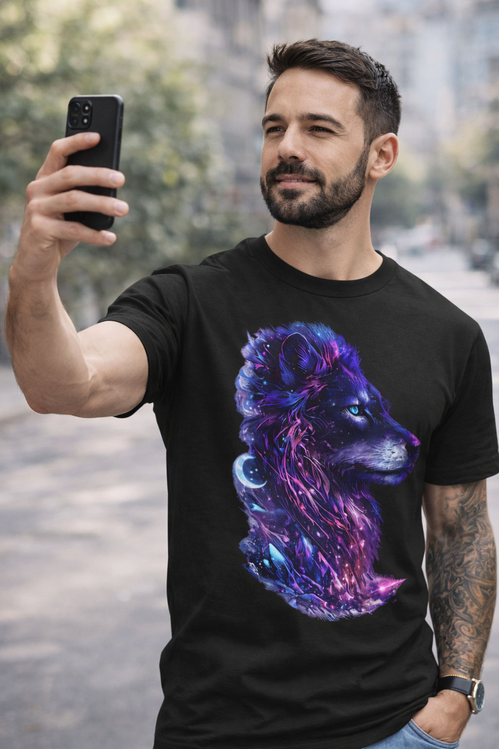 Animal print t shirt men – Wolf Galaxy T-Shirt | Neon Cosmic Wolf Graphic Tee