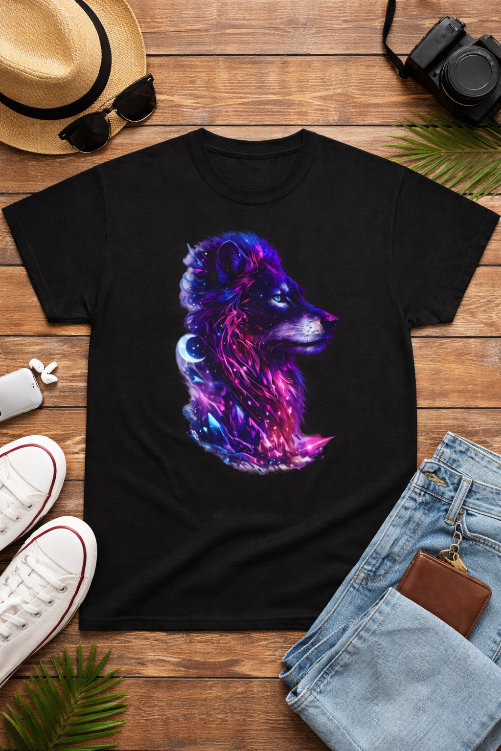 Animal print t shirt men – Wolf Galaxy T-Shirt | Neon Cosmic Wolf Graphic Tee