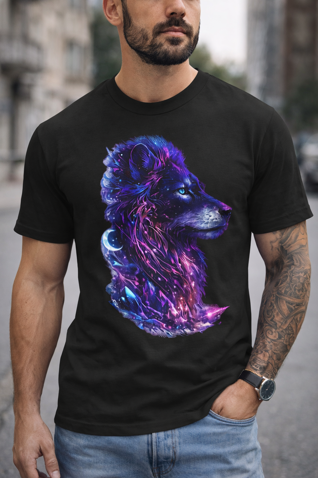 Animal print t shirt men – Wolf Galaxy T-Shirt | Neon Cosmic Wolf Graphic Tee