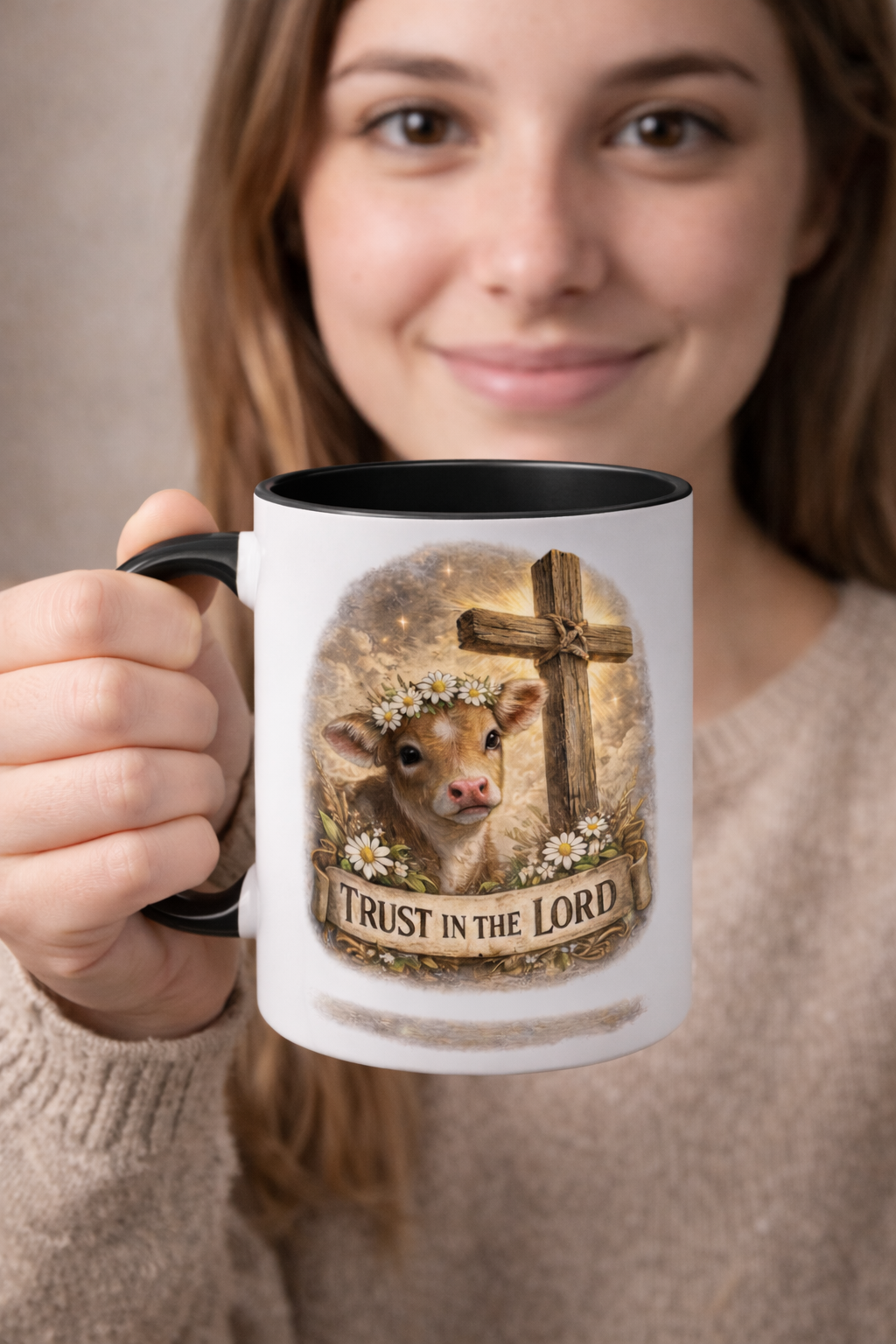 Christian Calf Mug – “Trust in the Lord” Inspirational Farm Coffee Cup with Cross