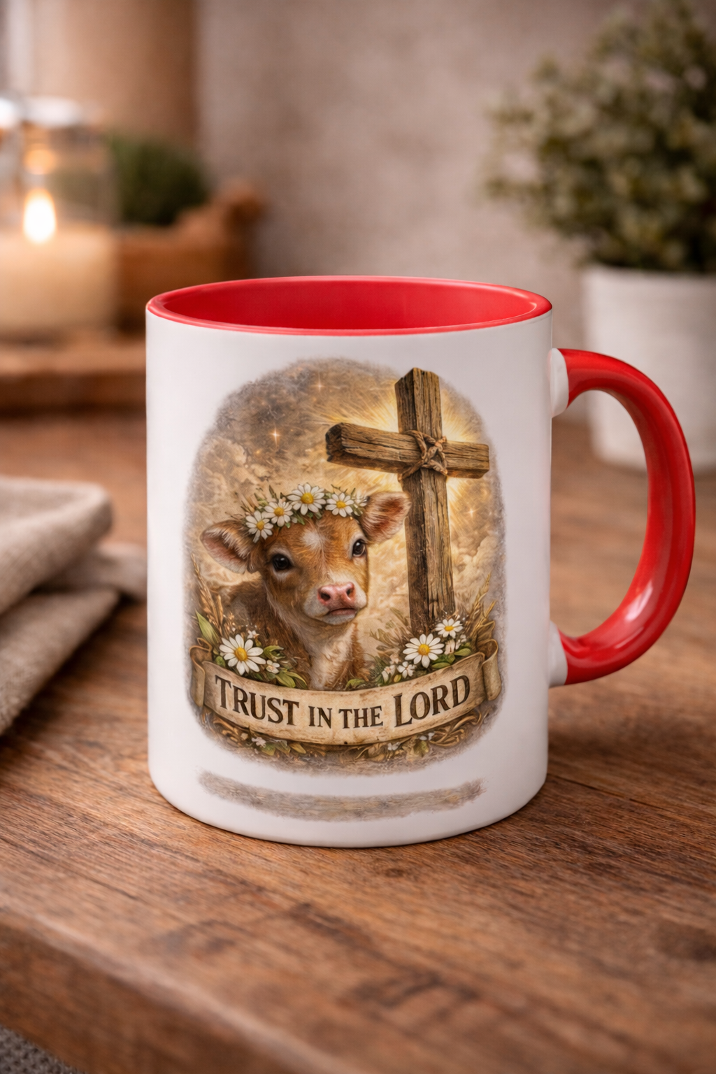 Christian Calf Mug – “Trust in the Lord” Inspirational Farm Coffee Cup with Cross