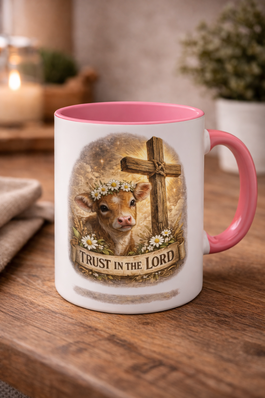 Christian Calf Mug – “Trust in the Lord” Inspirational Farm Coffee Cup with Cross