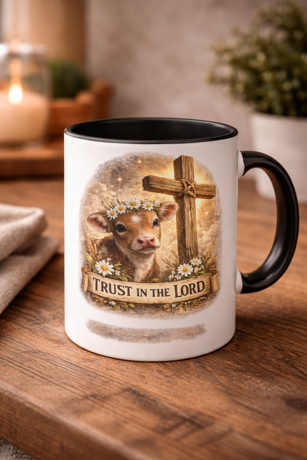 Christian Calf Mug – “Trust in the Lord” Inspirational Farm Coffee Cup with Cross