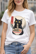 Cute Cat T Shirt – Ramen Cat Graphic Tee with Black Cat Slurping Noodles