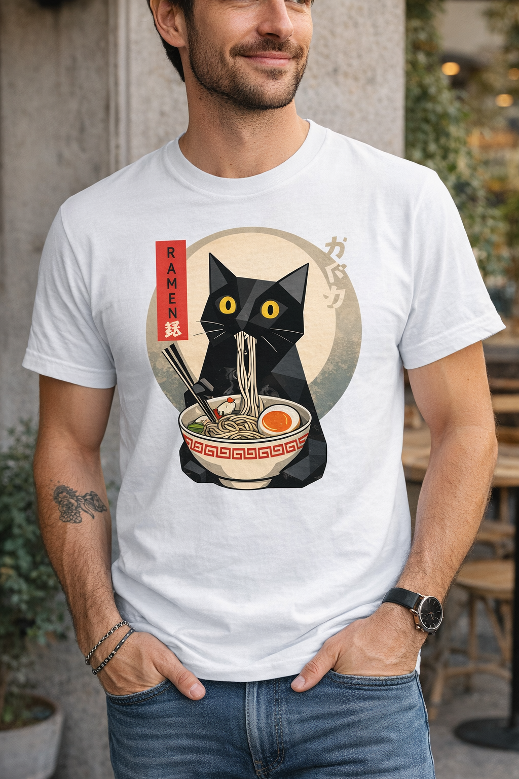 Cute Cat T Shirt – Ramen Cat Graphic Tee with Black Cat Slurping Noodles
