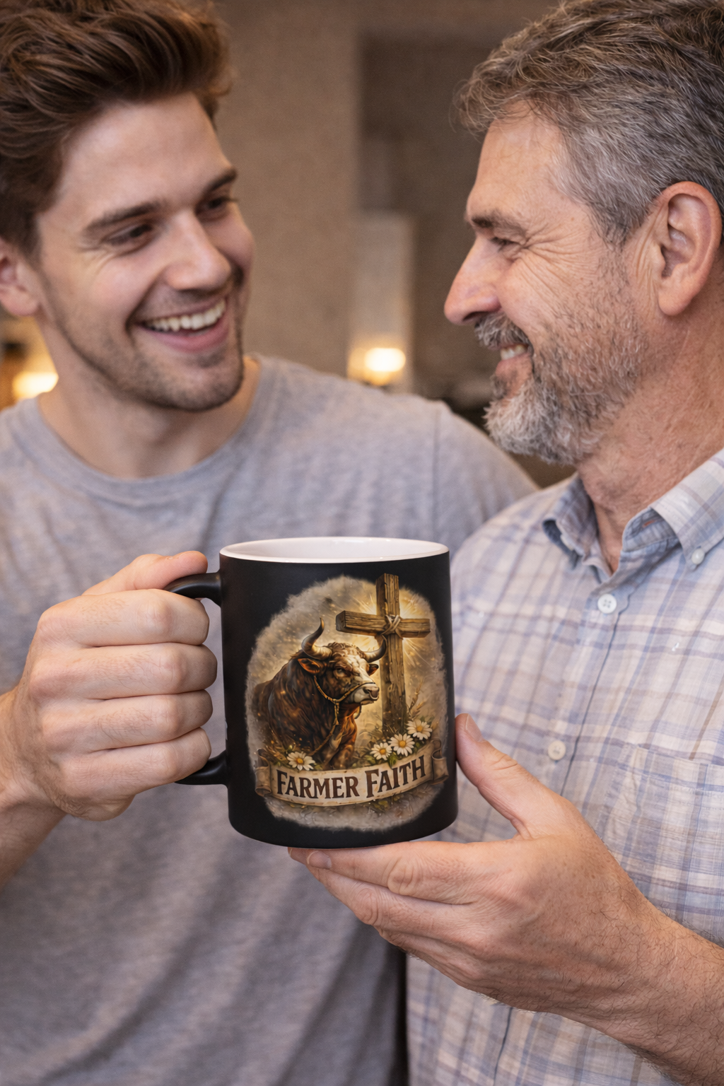 Faith Bull Coffee Mug – Christian Farmer Gift with Rustic Bull & Cross, Inspirational 11oz Coffee Cup