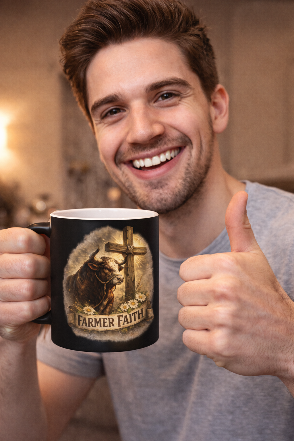 Faith Bull Coffee Mug – Christian Farmer Gift with Rustic Bull & Cross, Inspirational 11oz Coffee Cup