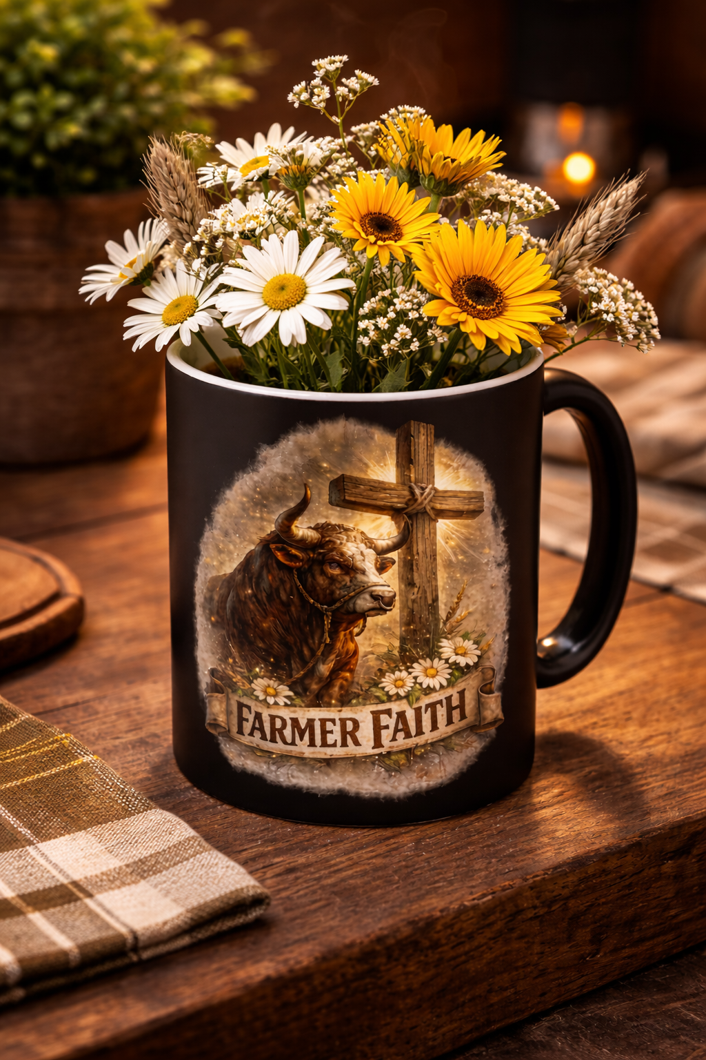 Faith Bull Coffee Mug – Christian Farmer Gift with Rustic Bull & Cross, Inspirational 11oz Coffee Cup