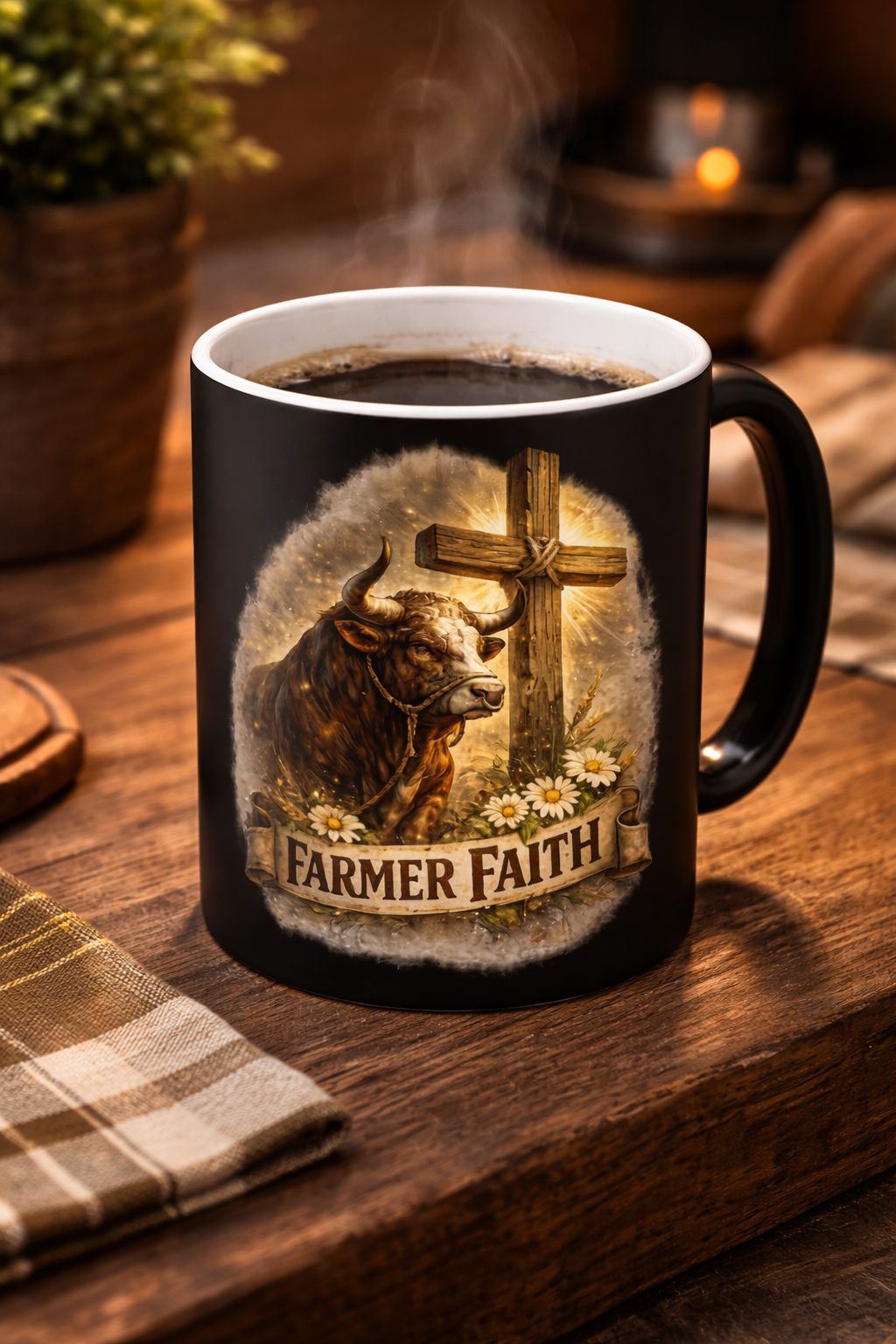 Faith Bull Coffee Mug – Christian Farmer Gift with Rustic Bull & Cross, Inspirational 11oz Coffee Cup