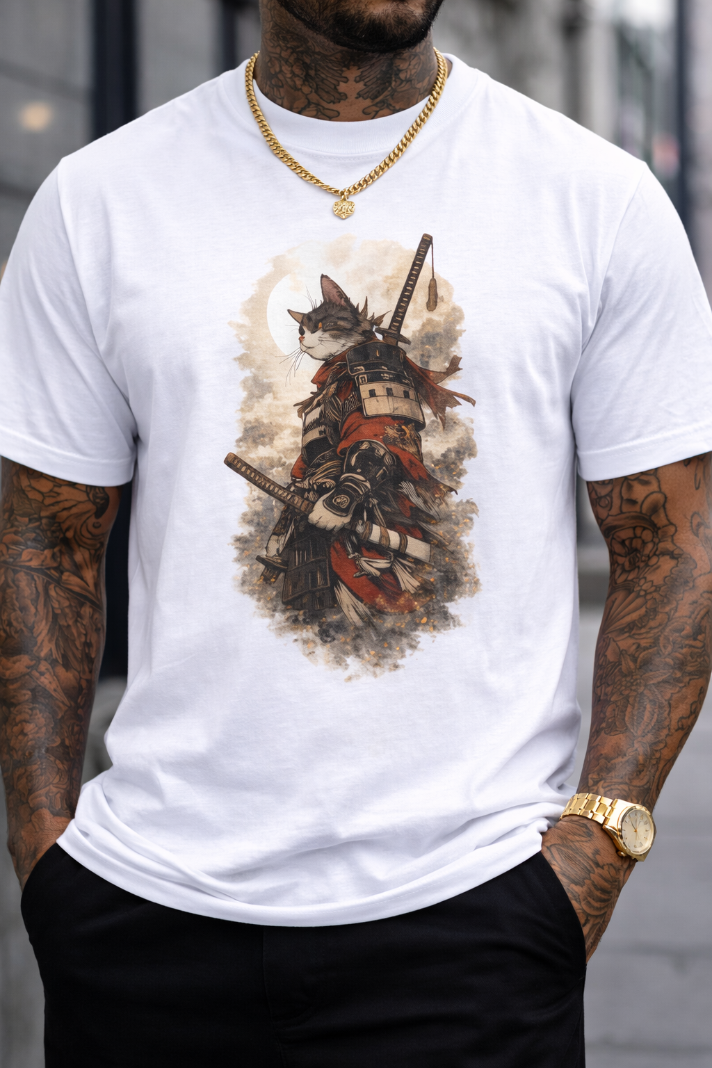 Ninja Cat T Shirt — Samurai Cat Warrior in Vintage Japanese Armor
