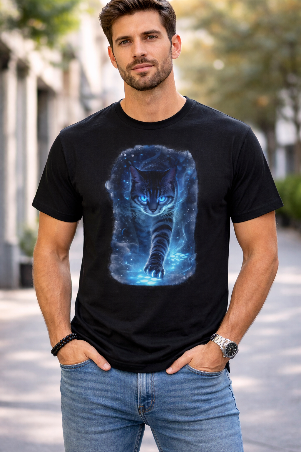 Trendy Graphic Tees – Mystic Blue Galaxy Cat with Glowing Eyes T-Shirt