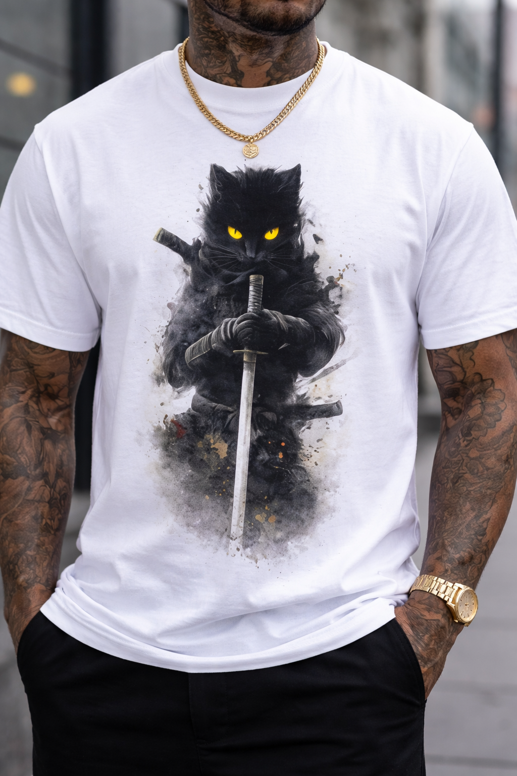 Warrior Cat T Shirt — Samurai Black Cat with Sword Graphic Tee