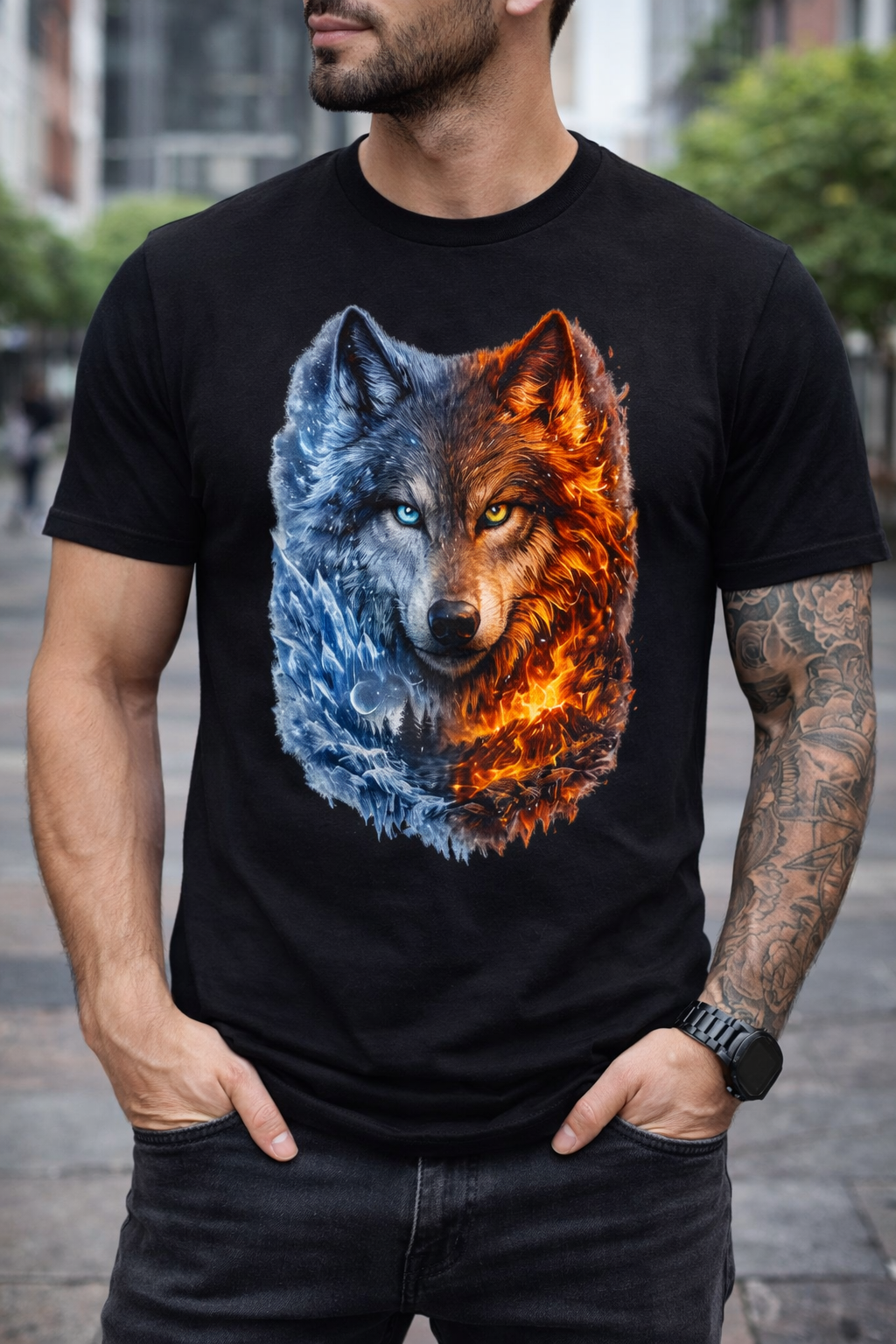 Wolf graphic t shirt – Fire & Ice Wolf, Epic Dual Tone 3D Animal Tee