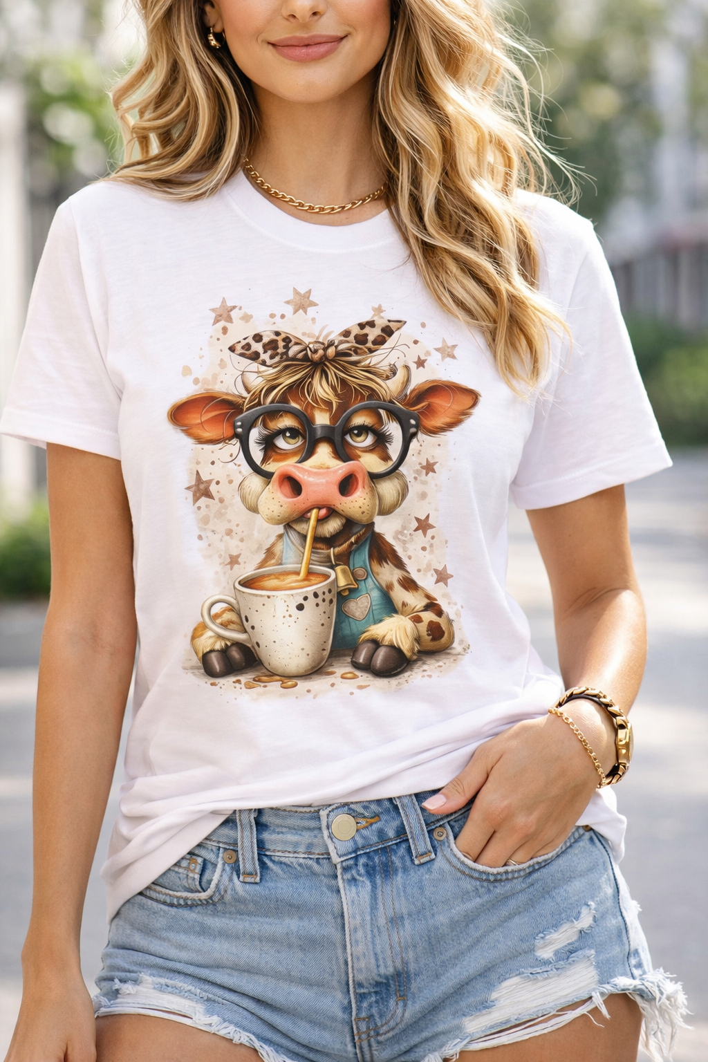 Women Casual T Shirt – Cute Coffee Cow with Glasses Graphic Tee for Animal Lovers