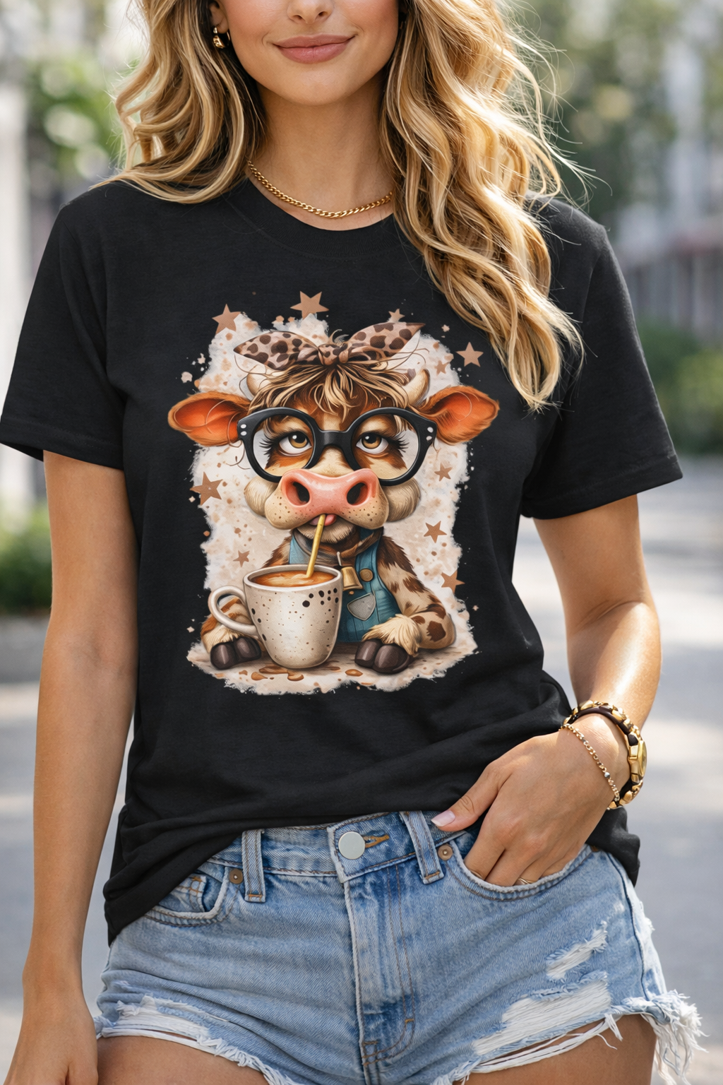 Women Casual T Shirt – Cute Coffee Cow with Glasses Graphic Tee for Animal Lovers