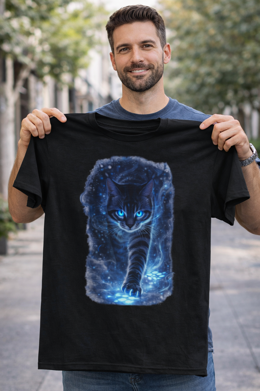 Trendy Graphic Tees – Mystic Blue Galaxy Cat with Glowing Eyes T-Shirt