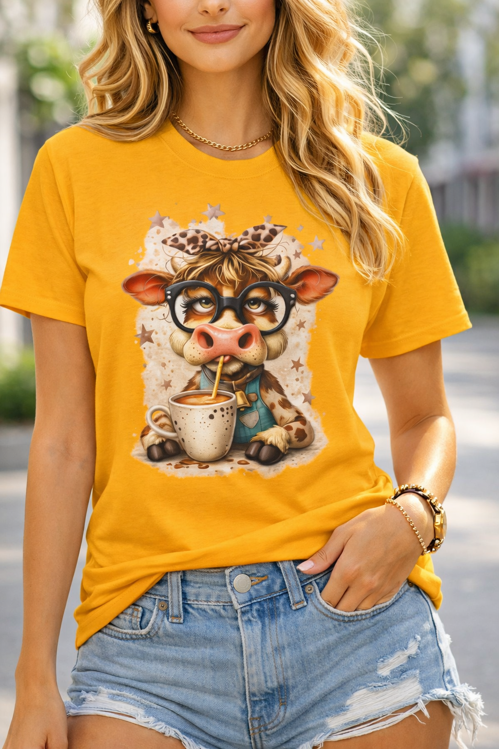 Women Casual T Shirt – Cute Coffee Cow with Glasses Graphic Tee for Animal Lovers